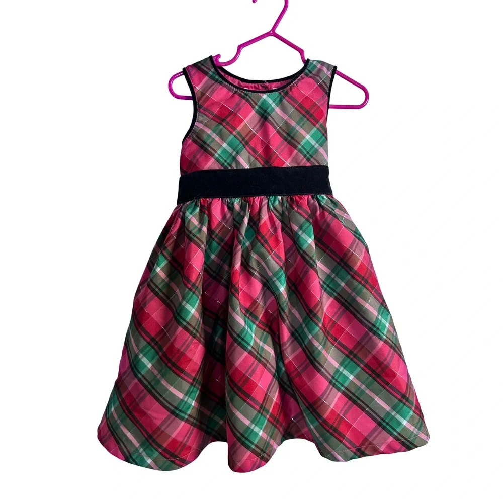 OshKosh Plaid Dress 3T Pink Green Metallic Velvet Holiday Kids